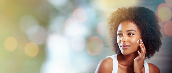 Image showing Beauty mockup, cream and face of black woman with overlay for wellness, facial treatment and cosmetics. Dermatology, luxury spa and happy girl with sunscreen creme, lotion and moisturizer in bathroom