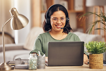 Image showing Woman, portrait and smile in home office for call center job, headphones and mic for crm communication with laptop. Customer service, tech support and pc for remote work, help desk and telemarketing