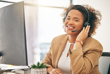 Image showing Call center, African woman and portrait of telemarketing agent at computer for customer service, web support or CRM. Happy business consultant at desktop for sales consulting, telecom or contact