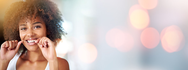 Image showing Black woman, dental floss portrait and space for mockup, smile and happiness with afro, self care and cleaning, Young model, gen z african and happy with dentistry product, healthcare and wellness