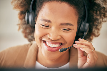 Image showing Call center, african woman and face of happy telemarketing agent consulting for customer service, tech support or CRM advice. Female business consultant, communication and smile at telecom help desk