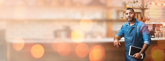 Image showing Black man, portrait and barista with tablet on bokeh in small business management at coffee shop. Confident African American male entrepreneur, manager or waiter with touchscreen on mockup at cafe