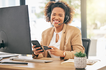 Image showing Call center agent, portrait and woman with credit card for telemarketing, ecommerce and discount on smartphone in office. Happy African female consultant, sales trading and mobile for online banking