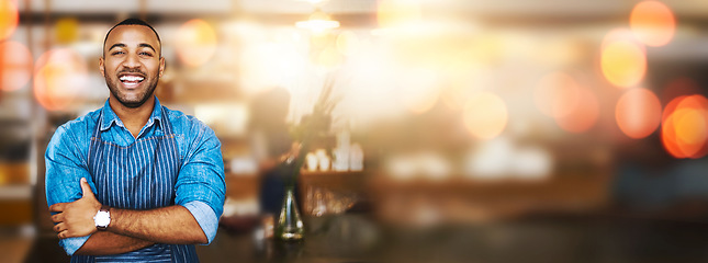 Image showing Black man, portrait and barista with arms crossed on bokeh and smile for small business at coffee shop. Happy African American male entrepreneur or waiter smiling in management on mockup at cafe