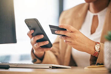 Image showing Woman, credit card and hands with cellphone in office for finance, business accounting and password. Closeup of worker, smartphone and internet payment for online shopping, fintech and trading money