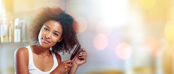 Image showing Black woman, afro portrait and comb for copy space, mockup and happiness with smile, self love and cosmetics, Young model, gen z african and happy with natural hair care, clean and blurred background