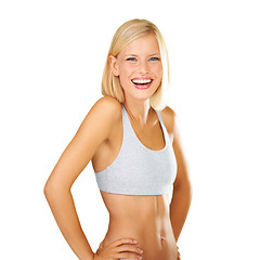 Image showing Fitness, exercise and a healthy body of a woman after her workout and training on a png, transparent and mockup or isolated background. A beautiful blonde girl feeling fit and confident in wellness