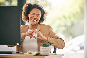 Image showing Portrait, business woman and smile with heart hands in office for care, kindness or love emoji. Happy young African female worker with finger shape for thank you, trust and like of support in agency