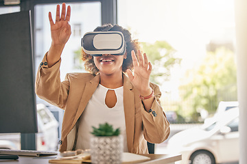 Image showing VR, office and business woman with futuristic software, digital vision and user experience on 3d system. Virtual reality glasses, high tech and electronics of happy, professional person in metaverse