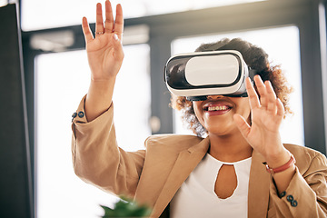 Image showing Business woman, office and vr technology for system, metaverse and futuristic cyber media. Happy female worker, user experience and digital world with virtual reality glasses, software and UX project