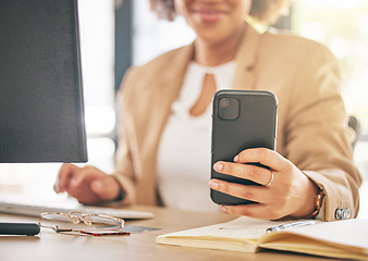 Image showing Phone, computer and business woman hands for marketing communication, online planning and social media post. Planner, research and multimedia worker or person typing on mobile for time management job