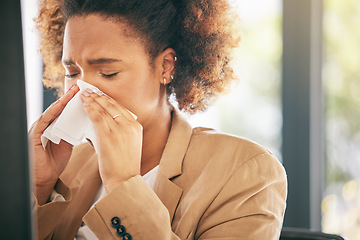 Image showing Business woman, sneeze and blowing nose with allergies, sick with virus or health issue while working at office. Corporate female, allergy and hayfever with illness, cold and flu with sinus problem