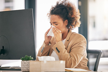 Image showing Corporate, blowing nose and woman with a sneeze, sick or allergies with virus, fatigue or health issue while working at office. Female person, employee or allergy with illness, cold or flu with sinus