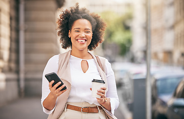 Image showing Coffee, phone and portrait of a black woman in the city for social media, travel or happy in the street. Smile, drink and an African girl with a mobile in the road for an app, website or a chat