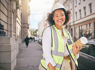 Image showing Happy woman, portrait and architect with blueprint in city for construction, ambition or outdoor career. Female person, contractor or engineer smile with documents or floor plan for urban project