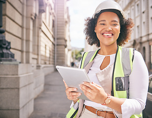 Image showing Happy woman, portrait and architect with tablet in city for construction, building or outdoor planning on site. Female person, engineer or contractor smile with technology for industrial architecture