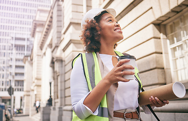 Image showing Inspection, city and construction with woman for plan or design of buildings site with coffee. Contractor, working and female architect in town for development with hot beverage for architecture.