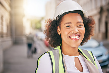 Image showing Happy woman, portrait and architect in city for construction, industrial ambition or outdoor career. Face of female person, contractor or engineer smile for architecture or building in urban street