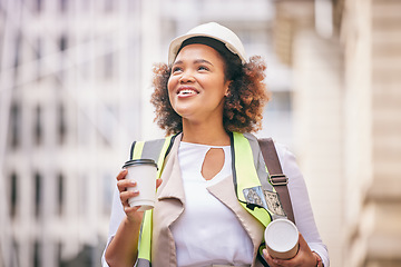 Image showing Construction, woman and city for inspection with plan of coffee for design of buildings site. Female architect, contractor and working in town for development with hot beverage for architecture job.