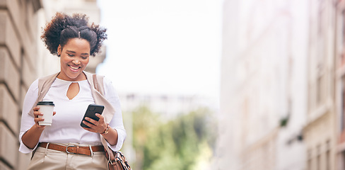 Image showing Phone, city and business woman travel and walking in a town typing on social media, online or internet with space. Connection, street and happy person texting a contact via email, web or mobile app