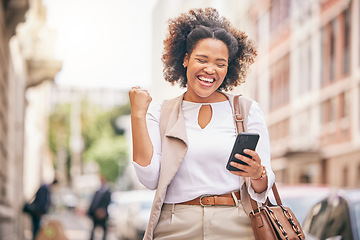 Image showing Happy woman, phone and city in celebration for winning, bonus promotion or outdoor sale discount. Excited female person with fist pump in happiness on mobile smartphone for good news in an urban town