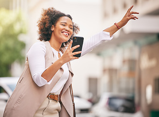 Image showing Happy woman, phone and taxi in city for travel, waiting or transportation in street or outdoor road. Female person waving hand for ride service, lift or destination in urban town with smartphone app