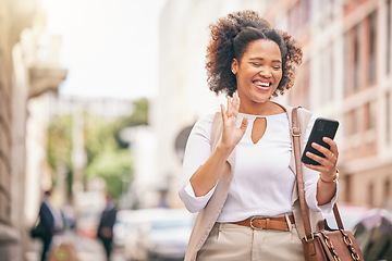 Image showing Phone, video call and business woman travel and walking in city on social media, online or internet to connect. Connection, smile and happy person wave to contact via web or mobile app communication