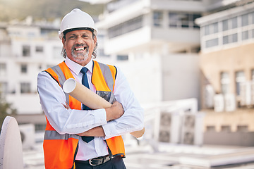 Image showing Man, portrait and architecture blueprint for city planning, project management and building construction for outdoor. Builder, contractor or civil engineering of boss or person with floor plan design