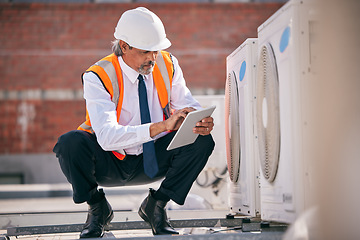 Image showing Air conditioner, roof and engineering man on tablet, maintenance and check electrical power, generator and fan. Electrician person on digital tech for ac repair, electricity inspection and services