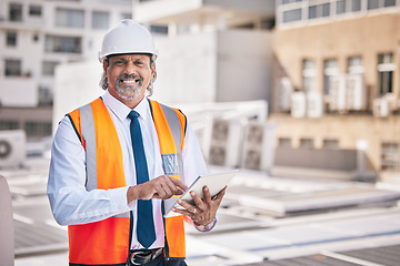 Image showing Engineering, man and tablet for solar panels, construction portrait and online blueprint in city or sustainability heating. Digital technology, paperless architecture and senior man for energy saving