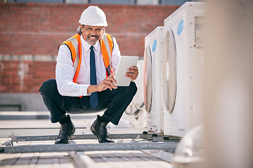 Image showing Engineering man, air conditioner and tablet for HVAC power, heating generator or fan check in portrait. Electrician or person with digital technology for ac repair, electricity inspection or services