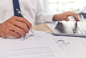 Image showing Closeup of hand, paperwork and architect, blueprint and laptop with writing, contractor and building design. Construction documents, architecture and person with floor plan, tech and notes with pen