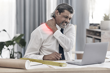 Image showing Architect, injury and man with neck pain, stress and accident with health issue, tired and overworked in an office. Fatigue, male person and engineer with body strain, muscle tension and inflammation