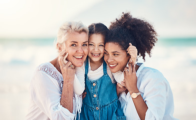 Image showing Mother, grandmother and a child portrait at the beach while on a family vacation, holiday or adventure. A senior woman, mom and girl kid together with a smile while outdoor for summer fun and travel