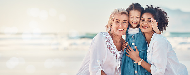 Image showing Portrait of a mother, grandmother and child at the beach while on family vacation, holiday or adventure. Senior woman, mom and girl kid together outdoor for summer fun and travel with bokeh and space