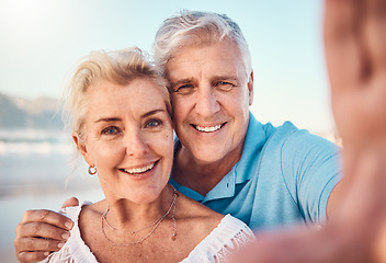 Image showing Selfie, smile and old couple on beach for holiday to celebrate love, marriage and memory on social media. Digital photography, senior man and happy woman relax on ocean retirement vacation together.