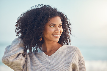 Image showing African woman, thinking and happiness at the beach, ocean or idea for holiday, vacation or summer at the sea in Puerto Rico. Travel, freedom and smile on face for nature, adventure and blue sky