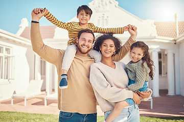 Image showing Family, portrait with parents and children outdoor, happiness and love, care and bonding on house lawn. Man, woman and young kids with wellness, summer fun and freedom in home garden with smile