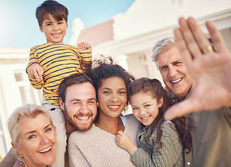 Image showing Selfie, portrait and family, generations and happiness, grandparents with parents and children for social media post. Bonding, love and trust, happy people smile in picture outdoor and photography