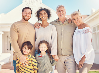 Image showing Family, portrait and happiness, generations and love with grandparents, happy parents and children outdoor on house lawn. Men, women and young kids with wellness, and care with bonding in garden