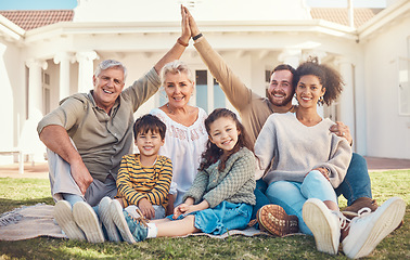 Image showing Portrait, high five and a family in the garden of their home together during a visit with grandparents. Diversity, love and children with their parents on a lawn in the backyard for bonding in summer