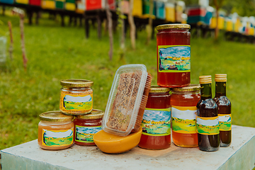 Image showing Natural honey products photographed at a honey farm. Pollen, honey and various honey products