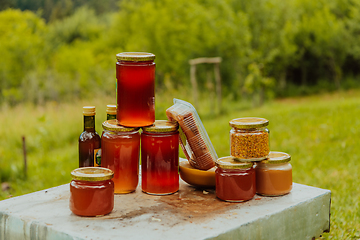 Image showing Natural honey products photographed at a honey farm. Pollen, honey and various honey products