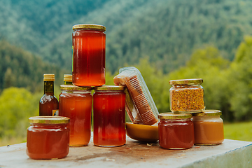 Image showing Natural honey products photographed at a honey farm. Pollen, honey and various honey products