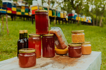 Image showing Natural honey products photographed at a honey farm. Pollen, honey and various honey products