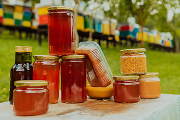 Image showing Natural honey products photographed at a honey farm. Pollen, honey and various honey products