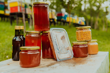 Image showing Natural honey products photographed at a honey farm. Pollen, honey and various honey products