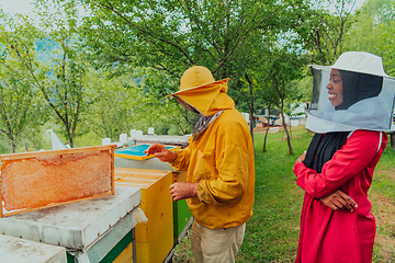 Image showing African American Muslim women with an experienced senior beekeeper checking the quality and production of honey at a large bee farm