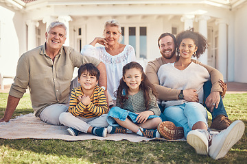 Image showing Family, portrait and happiness, people relax on lawn and love, grandparents and parents with children outdoor. Men, women and kids with generations, trust and care with bonding in garden together