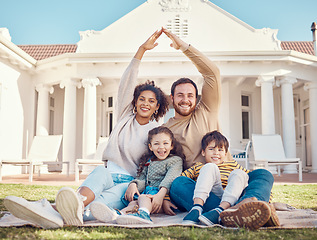 Image showing Parents, hands together and protection with children, relax on lawn and happiness in portrait while at home. Safety, security and insurance, people with smile and support, trust and love with care